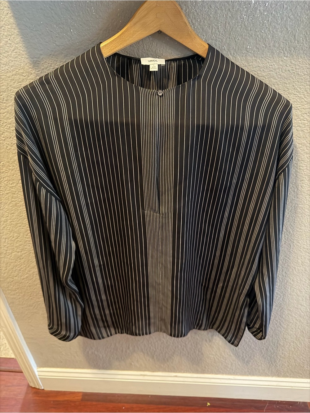 Vince 100% silk black white pinstripe blouse size 4  oversized minimalist